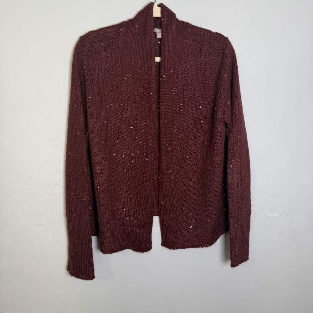 J.Jill Sequin Cardigan Sweater Size L Burgundy Open Front